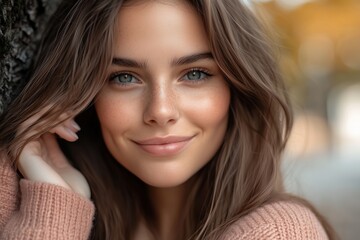 Naklejka premium A cheerful woman with long hair smiling softly against a blurred background.