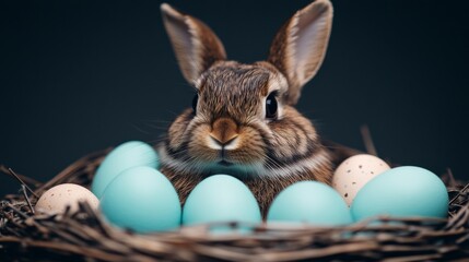 Brown Rabbit in a Nest of Easter Eggs  Cute Springtime Scene  Festive Holiday Celebration.