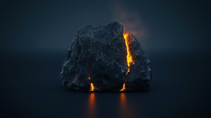 A dark volcanic rock with glowing lava cracks, set against a dark background.