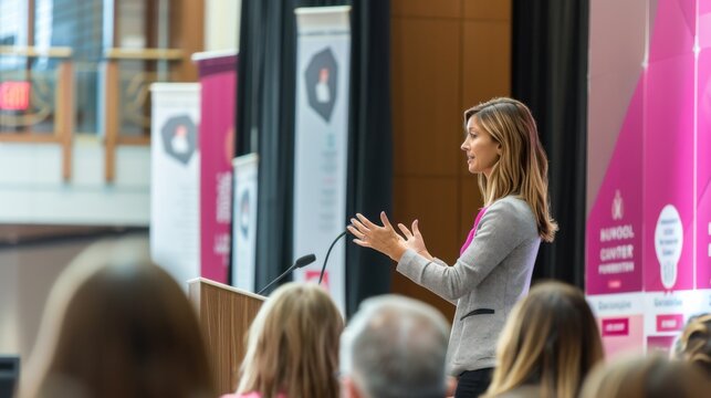 Businesswoman delivering a passionate speech at a women's leadership conference with event branding in the background. Empowering speech for business growth and leadership.