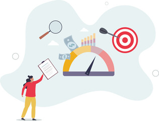 Key performance indicator or KPI for business success evaluation. Professional company analysis and review for satisfaction report .flat characters.