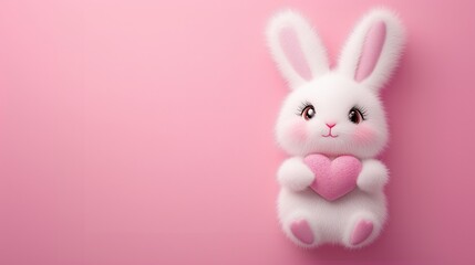 Obraz premium A minimalistic composition of a cute bunny holding a pink heart against a soft pink background.