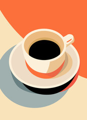 Minimalist illustration of a coffee cup on a saucer with warm, earthy tones. The geometric shading and bold colors create a modern, cozy feel, perfect for coffee lovers and morning inspiration.