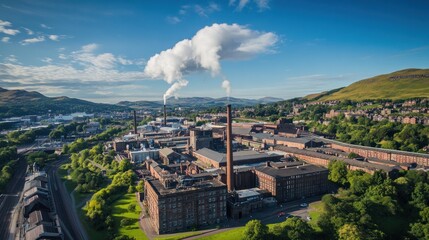 Obraz premium Aerial view of an industrial complex with smokestacks and green surroundings.