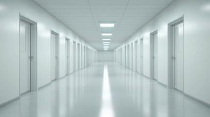A long, empty hallway featuring multiple white doors and bright overhead lights.
