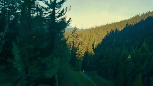 Camera flyover over Misty pine forest on mountain slope in nature reserve. Beautiful background, mood and tourism, vacation. Natural landscape background, advertising space, copy space