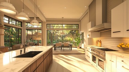 A large kitchen with a white counter and a sink