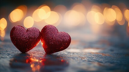 Fototapeta premium Shimmering Red Hearts Against a Blurred Romantic Background