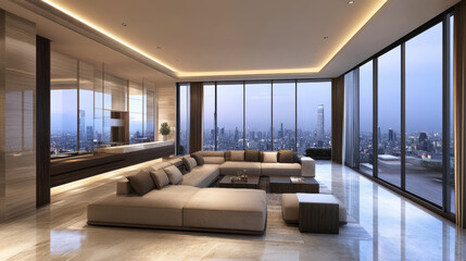 Serene modern living room with city view feeling of calm and luxury