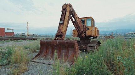 An abandoned excavator sits in a field, showcasing rust and overgrowth in an industrial area.