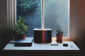 Cozy Windowsill Scene with Books and Plants