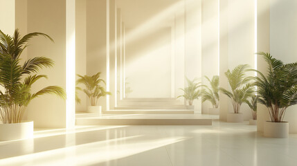 A long hallway with white walls and white pillars