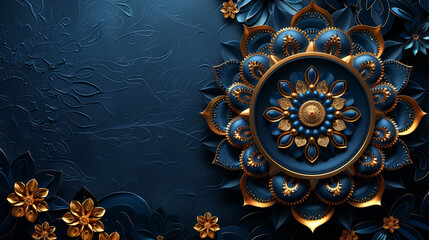 Luxurious Dark Blue and Gold Mandala Design with 3D Flowers