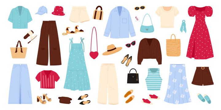 Fashion casual women clothes set. Red and blue summer dresses, floral skirt and tank top with stripes, woven bag and cardigan, comfortable style apparel collection cartoon vector illustration