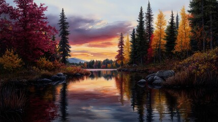 Obraz premium Serene autumn landscape with vibrant trees reflecting in calm water at sunset, peaceful nature scene