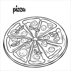 Slice of pizza with basil, paperoni, salami, tomato, cheese and mozzarella on white background. Italian food. Dishes of Italian cuisine.