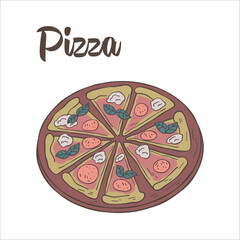 Slice of pizza with basil, paperoni, salami, tomato, cheese and mozzarella on white background. Italian food. Dishes of Italian cuisine