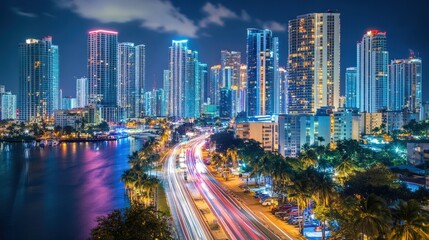 Obraz premium A city at night with a river running through it