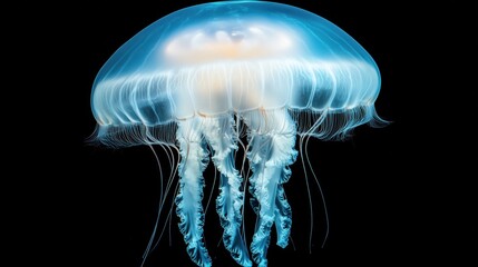 A translucent jellyfish gracefully swimming in deep black water.