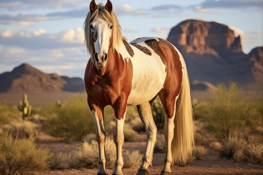 Red Dun Horse, Western Quarter Horse with Paint Pinto Markings, Standing Among Desert Cactus and Wagon Wheel as a Yearling
