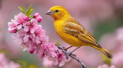 Yellow bird on pink blossom branch, spring garden