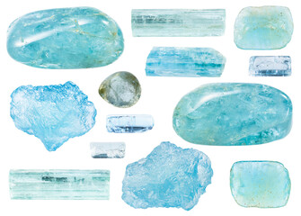various samples of raw aquamarine mineral isolated