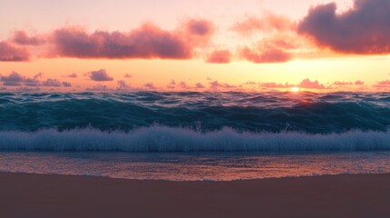 Fototapeta premium Serene sunset over the ocean with gentle waves lapping at the sandy shore