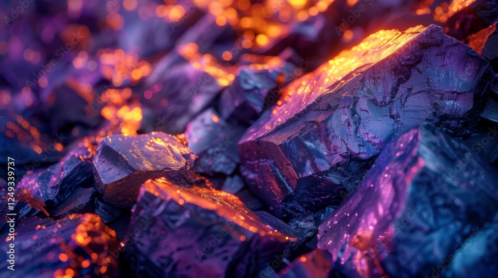 Poster Colorful rocks illuminated by a glowing light create a striking visual in a surreal environment. The intricate textures and vibrant hues emphasize nature's artistry at dusk.