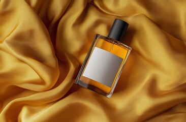 Luxury fragrance bottle placed on smooth yellow silk, mockup with blank label