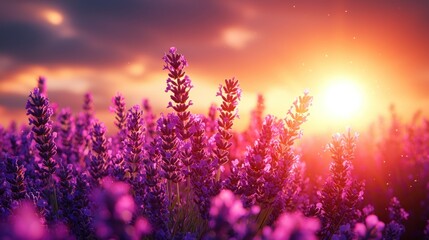 Lavender field sunset, vibrant colors, peaceful scene, perfect for backgrounds