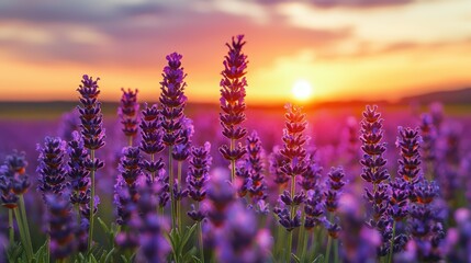 Obraz premium Lavender field sunset, vibrant purple flowers, golden hour sky, peaceful scene, perfect for greeting cards or wall art