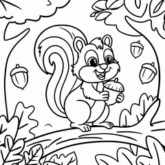Naklejka premium A cheerful black and white line art illustration of a squirrel holding an acorn in the forest, surrounded by falling acorns and leaves, representing autumn and wildlife. Coloring book page