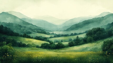 Obraz premium Serene misty mountain valley landscape, green hills, wildflowers, nature background, ideal for travel brochures