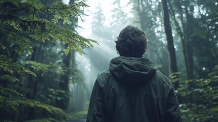 Man in forest, back view, misty scene.