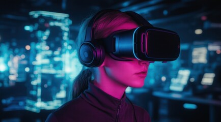 A woman experiencing virtual reality in a neon-lit setting.