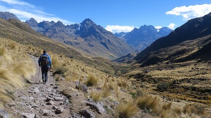 Obraz premium Hiker trekking on a mountain trail with stunning valley and mountain range views.