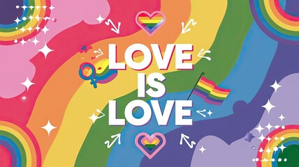 "LOVE IS LOVE" LGBTQ Awareness Poster Vector Template, LGBTQ+ community, abstract designs, hearts, or flowing shapes in vibrant rainbow hues, symbolizing the diversity and beauty of the LGBTQ+