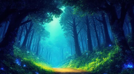 A serene, mystical forest path illuminated by soft blue light.