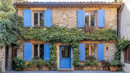 Obraz premium Serene stone house ivy covered walls blue shutters peaceful facade