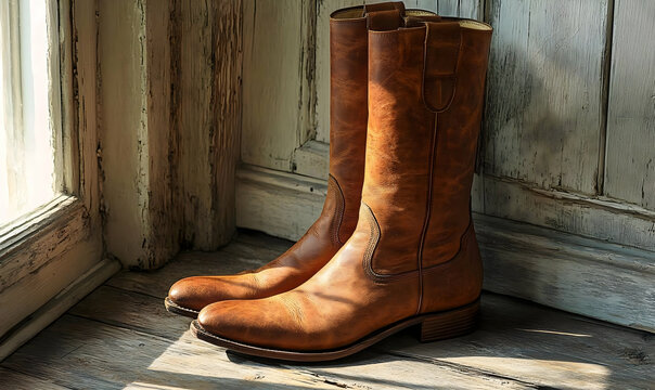 Leather boots on aged wood by a bright window evoke rustic style and outdoor adventure. Can illustrate a western theme or fashion concept