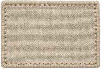 blank label tag beige fabric patch with textured surface thicker stitched border, neutral textile design, transparent background PNG