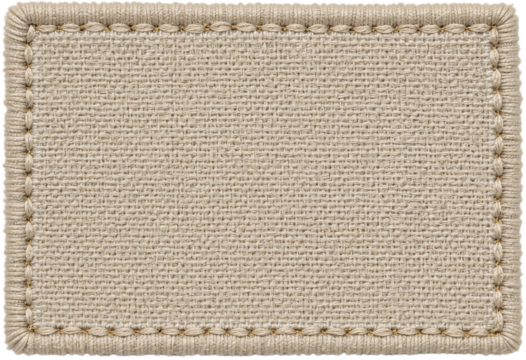 blank label tag beige fabric patch with textured surface thicker stitched border, neutral textile design, transparent background PNG