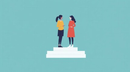 Two Women Engaging in Conversation on a Pedestal