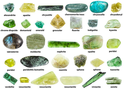 rough green minerals with names isolated