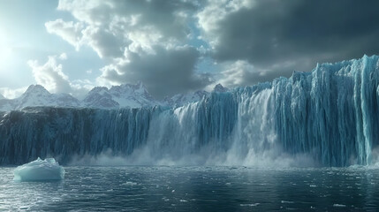 A large ice wall of an iceberg with snow-covered peaks in the background, creating a breathtaking and serene landscape
