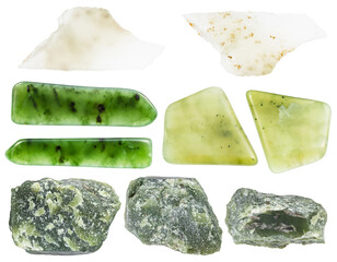 various samples of raw nephrite minerals isolated