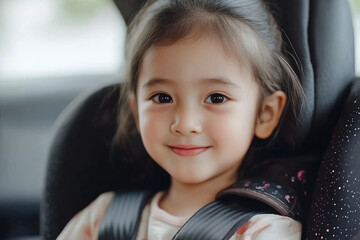 Generative AI depiction of happy baby in car seat, showcasing safety and travel for young children