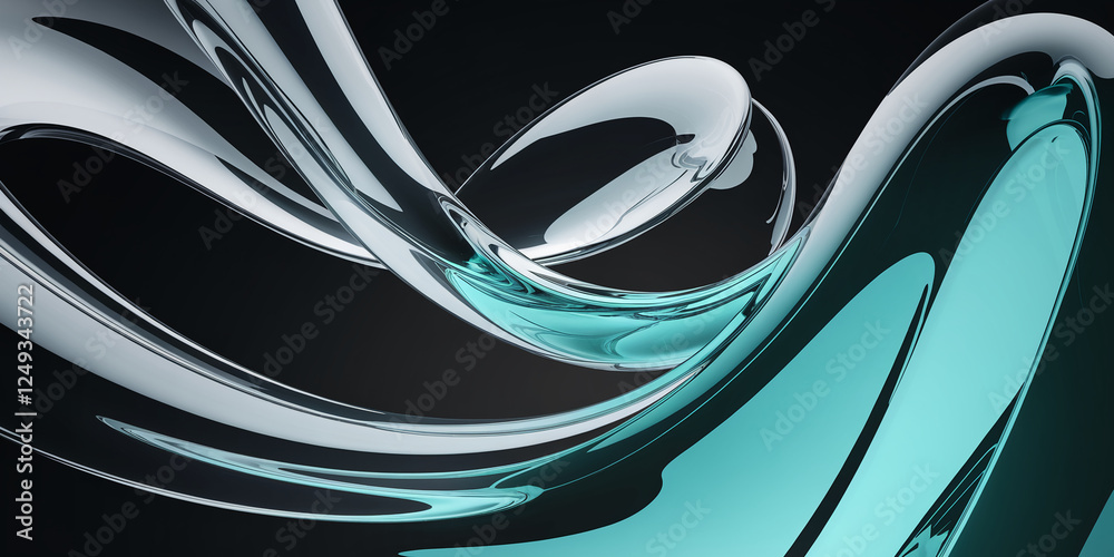 Poster a stunning abstract design featuring flowing transparent curves with a teal accent, set against a bl