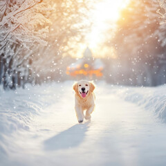 Golden Retriever joyfully running through snow at a stunning sunrise