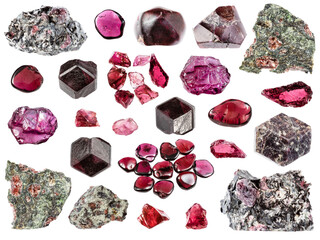 various samples of raw pyrope minerals isolated